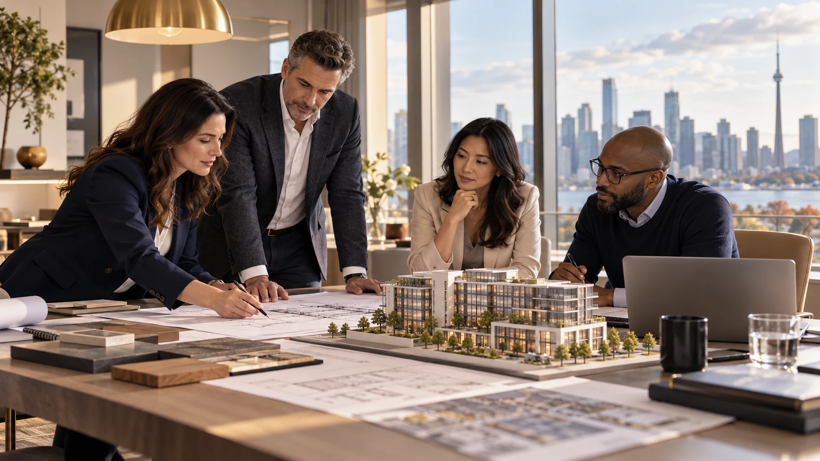 Illustrative scene of development professionals reviewing drawings and a building model